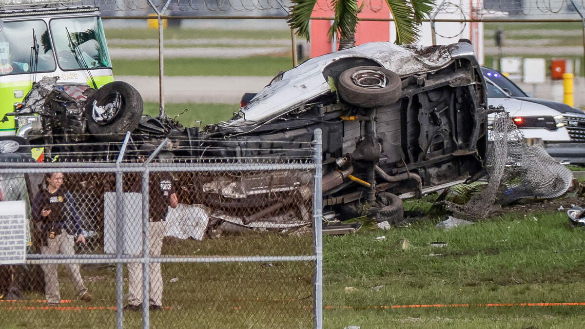 An Amazon Prime Air Boeing 767 ran off the runway and crushed a vehicle west of Miami International Airport on Sunday, Sept. 6, 2026.